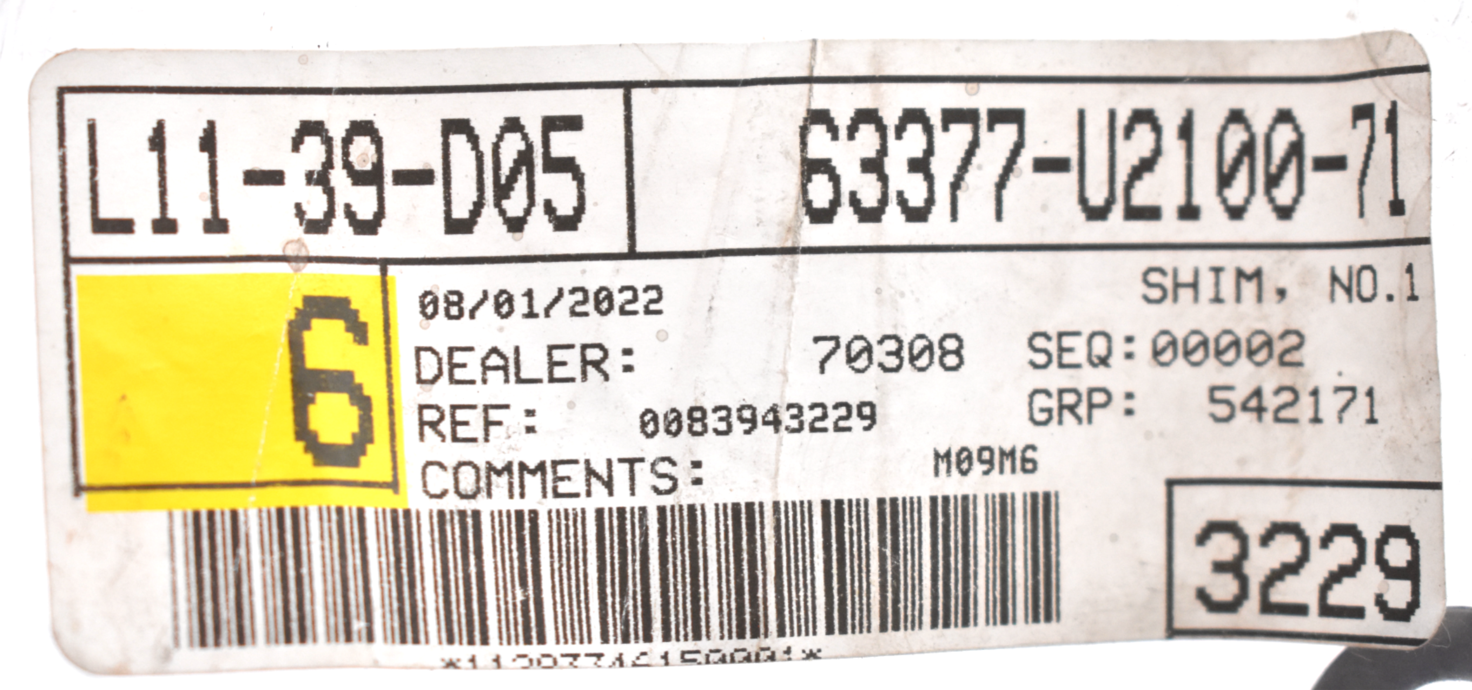 TOYOTA 63377-U2100-71 NO. 1 FORKLIFT SHIM 12.4MM X 22MM X .4MM